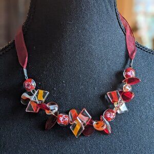 Red glass beads necklace with ribbon chain, vintage
